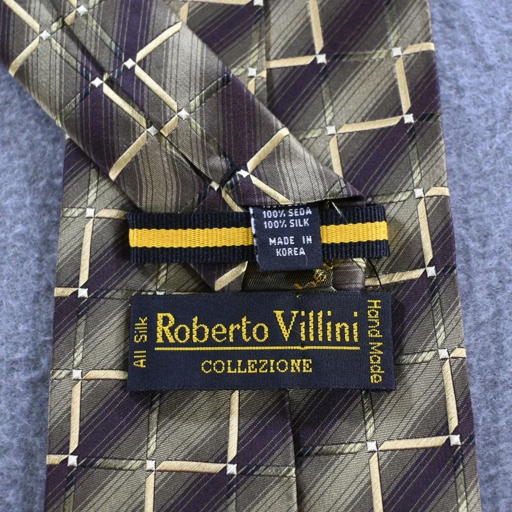 Roberto Villini Mens Collezione Geometric Plaid Silk Necktie OS Brown‎ Gold